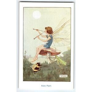 Fairy Piper Postcard 1920's Constance Symonds Fantasy Bumble Bee Grasshopper Sun